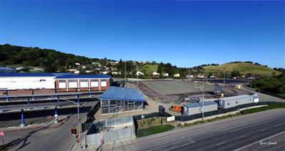 Aerial of the field house, stadium and softball/baseball field